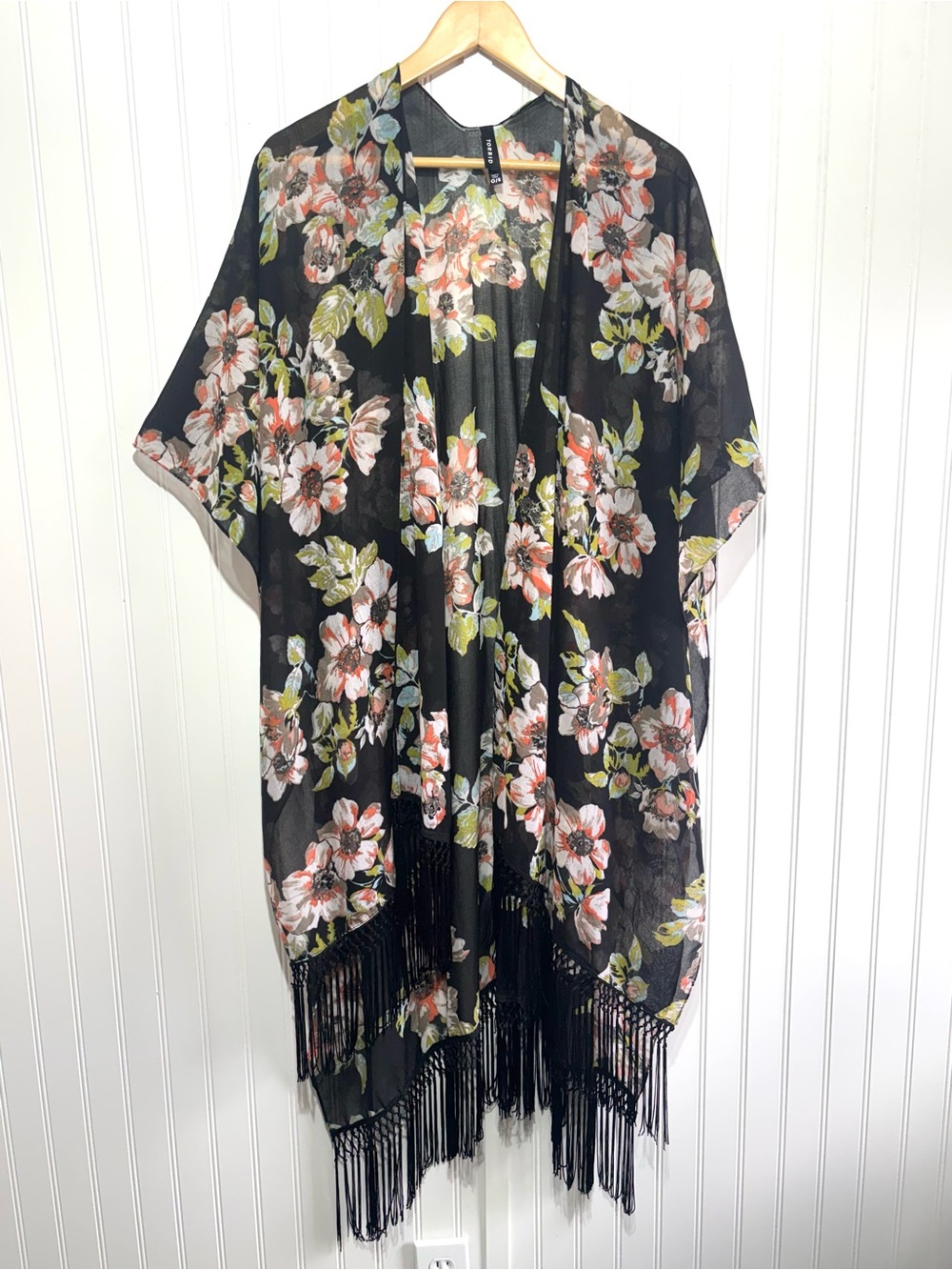 Torrid Black Floral Fringe Kimono Boho Sheer Open Front Cover Up O/S